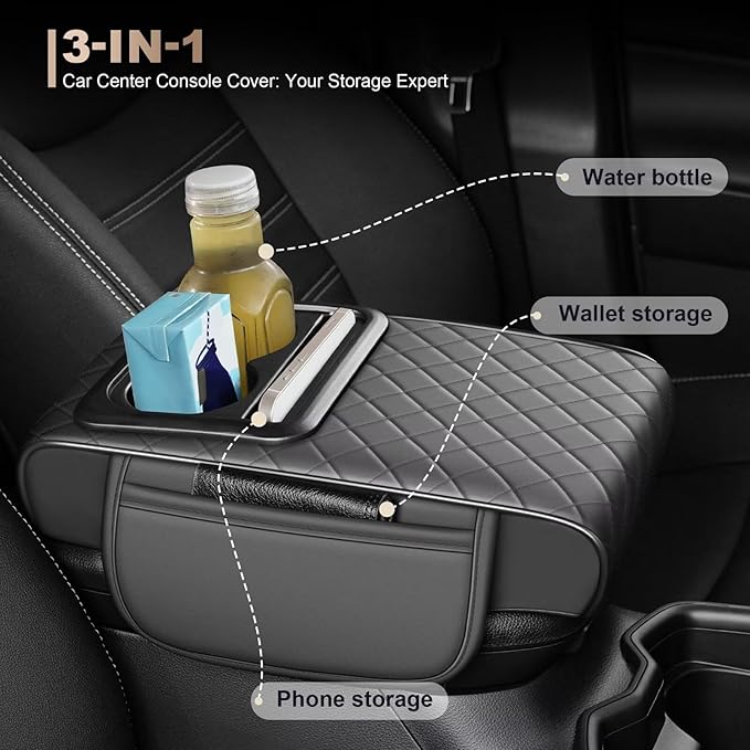 Center Console Cover Fit for Corolla Faux Leather Car Armrest Cushion with Storage Bags, Cup Holder ＆ Phone Storage Multifunctional Middle Console Cover(Grey)