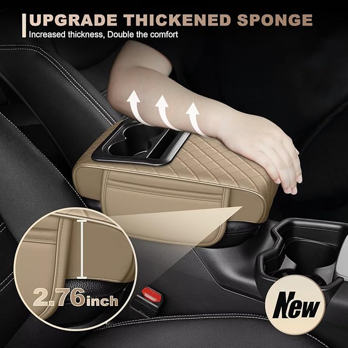Center Console Cover Fit for Tacoma Faux Leather Car Armrest Cushion with Storage Bags, Cup Holder ＆ Phone Storage Multifunctional Middle Console Cover(Beige)