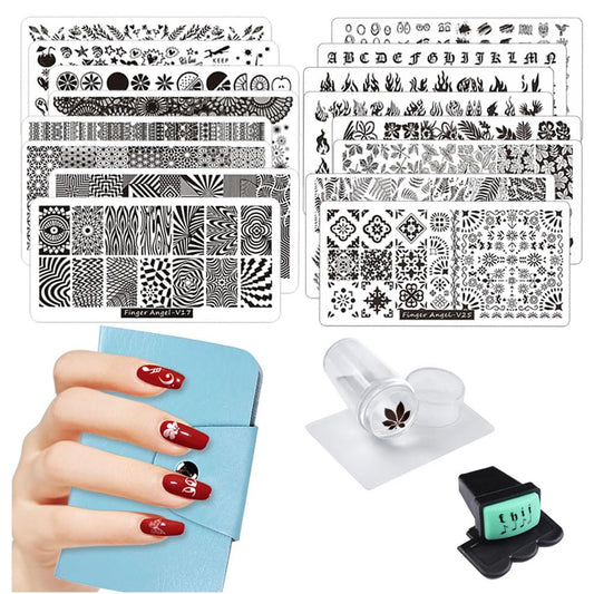 Fingerangel 21Pcs Nail Stamp Plate Set 16Pcs Mix Design Stamping Nail Art Plate + 2Nail Stamper + 2Scraper+1Pcs Case Nails Art S