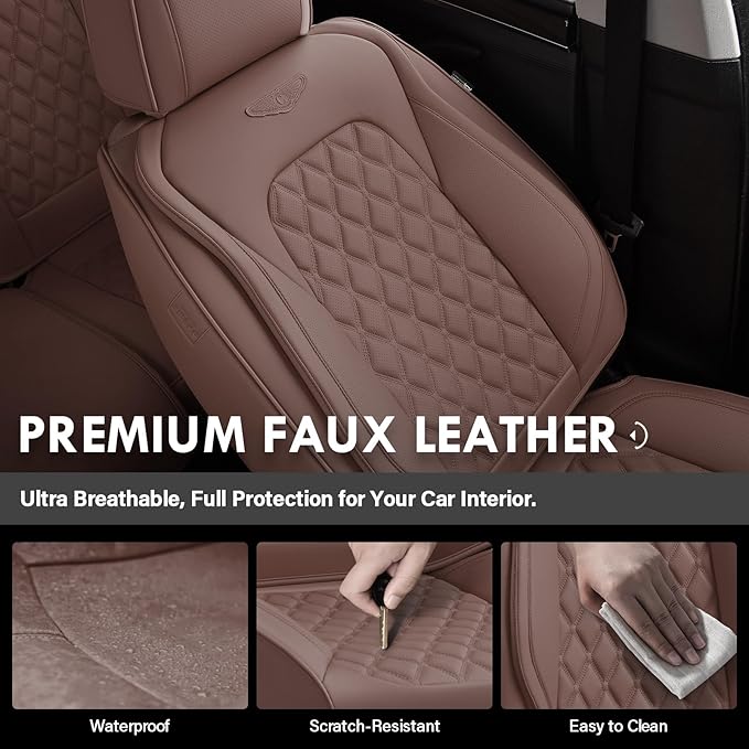 Coverado Full Set Car Seat Covers, Brown Leather Seat Protectors for Cars, Waterproof Luxury Front & Back Car Seat Covers, Universal Fit for Most Cars-Brown