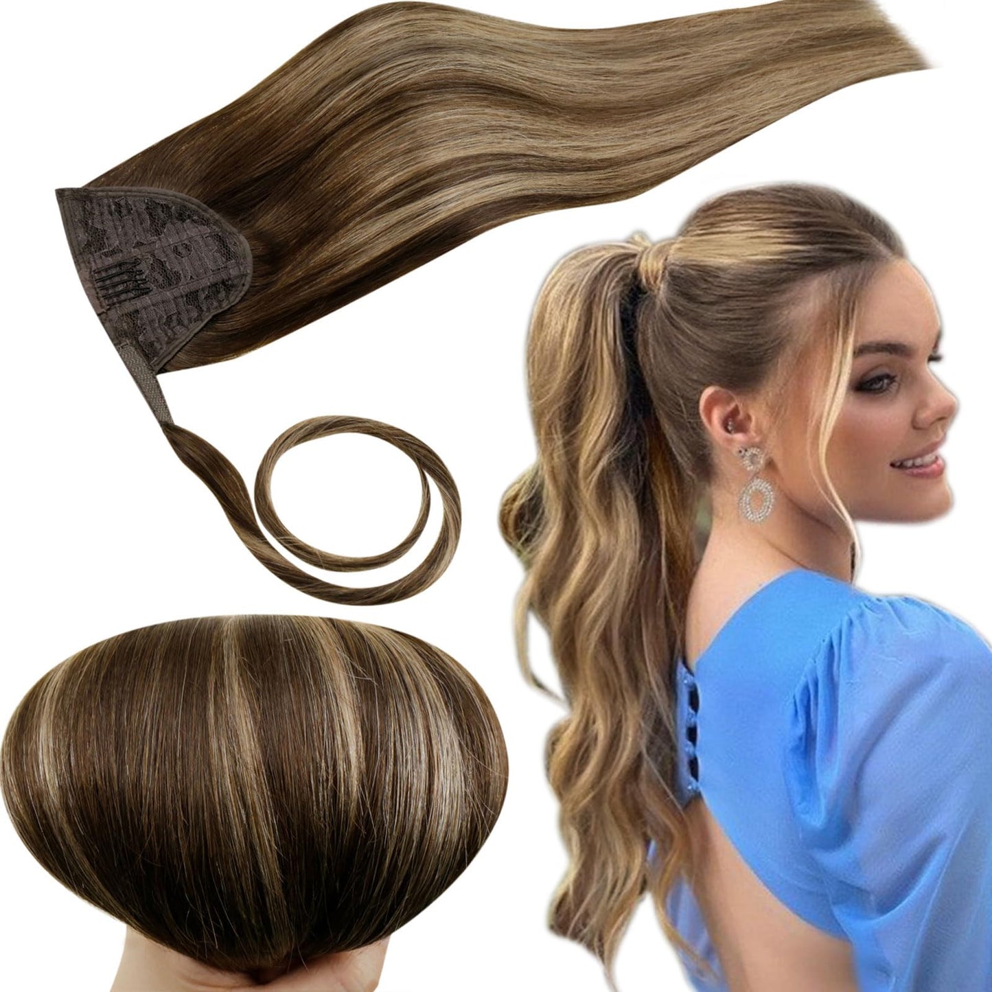Runature Ombre Ponytail Extension Human Hair Short Ponytail Human Hair Extensions With Magic Paste Ombre Brown To Caramel Blonde