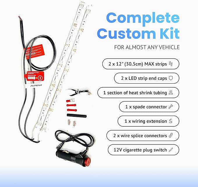 Alpena MAX LED Light Strip Starter Kit – EZ-Link Modular 12V Plug-and-Play Lighting for Cars & Trucks, Interior/Exterior Stick-On Light Bars, 2×12” Weatherproof Strips, White