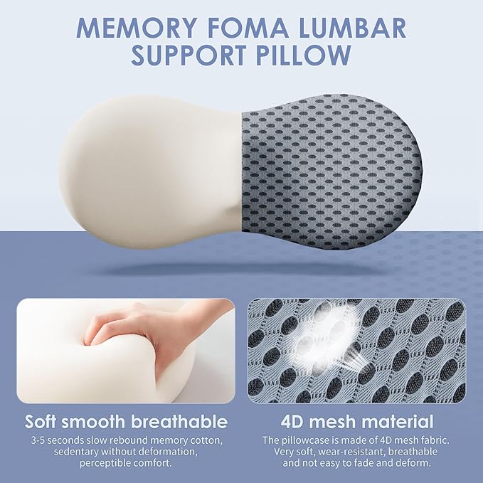 Lumbar Support Pillow, Memory Foam Lumbar Pillow for Lower Back Pain Relief, Back Support Pillow for Office Chair, Car Seat - Gray