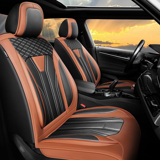 Fit Murano Car Seat Covers Compatible with Nissan Murano 2004-2025 2026 - Full Set Premium Leather， Waterproof Breathable， All-Weather Seat Cushion Protecto&Airbag Compatible（Brown & Black