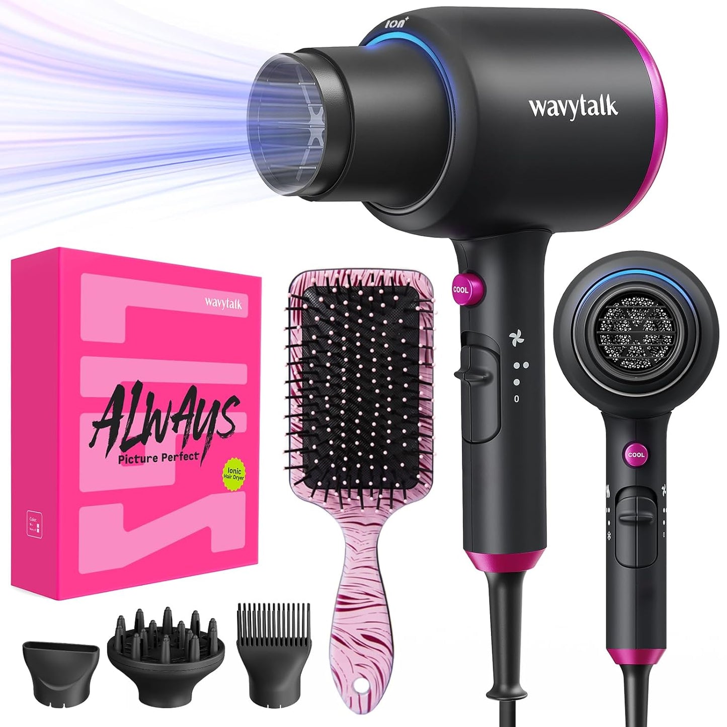Ionic Hair Dryer for Curly Hair | 1875W Fast Drying | Diffuser & Attachments | Rose Gold