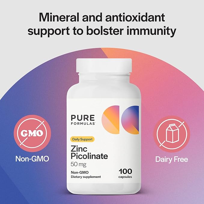 PureFormulas Zinc Picolinate 50 mg - Immunity & Hormone Support - Bioavailable 50 mg Zinc Supplement 100 Capsules
