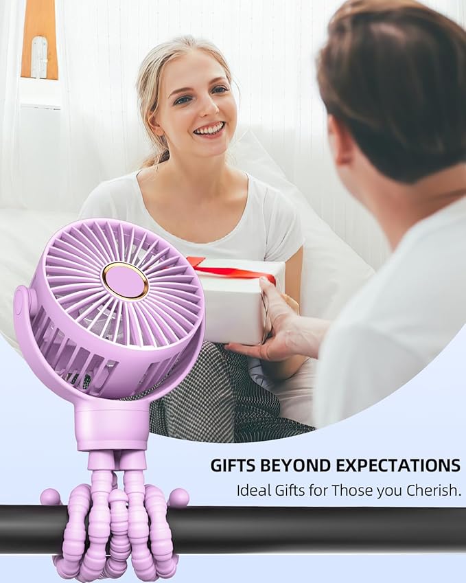 Portable Stroller Mini Fan, Small Rechargeable Personal Cooler w/ 360° Rotation, 3-Speed, Battery Powered Stroller Accessories, Baby Essentials for Car Seat, Crib, Bike, Treadmill, Plum