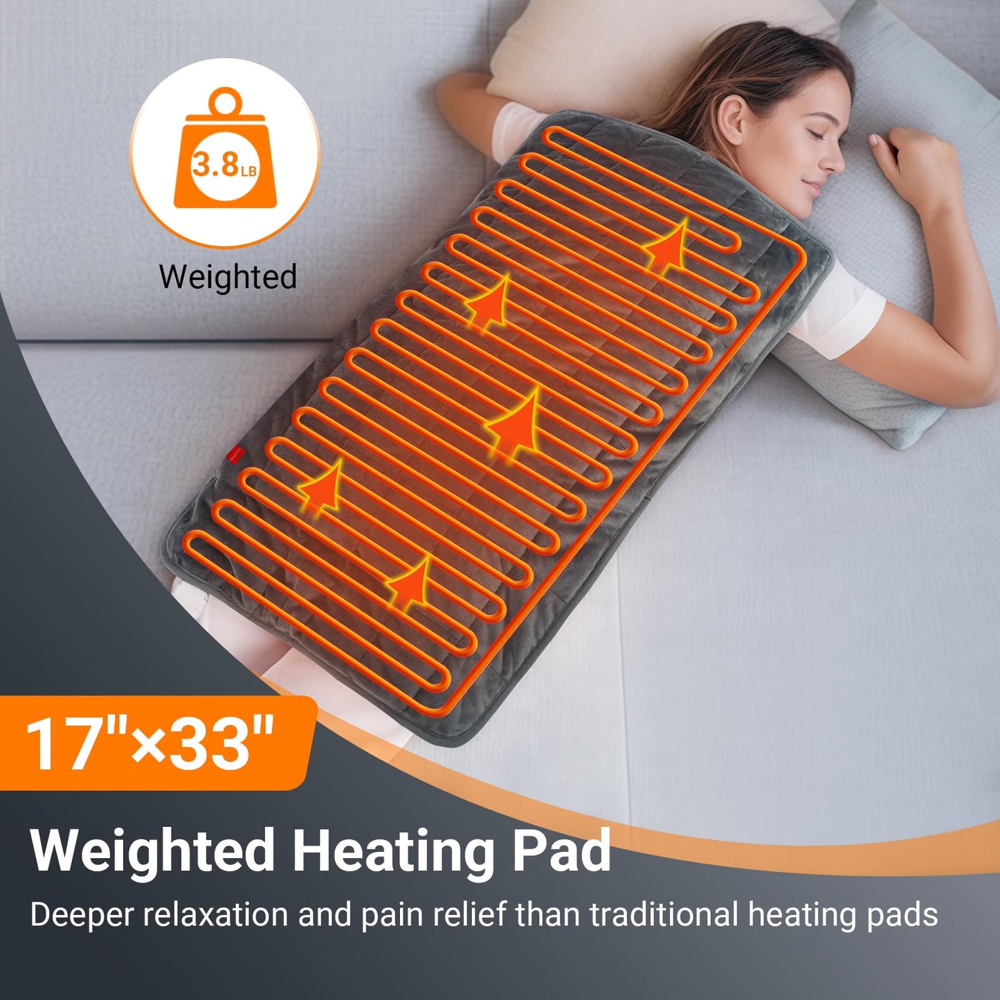 Comfytemp Weighted Heating Pad 17"×33" for Back & Cramps, Extra Large Electric Heat Pad, Birthday Days Gifts for Mom Women Men Dad, Full Body Heated Pad, Deeper Muscle & Pain Relief