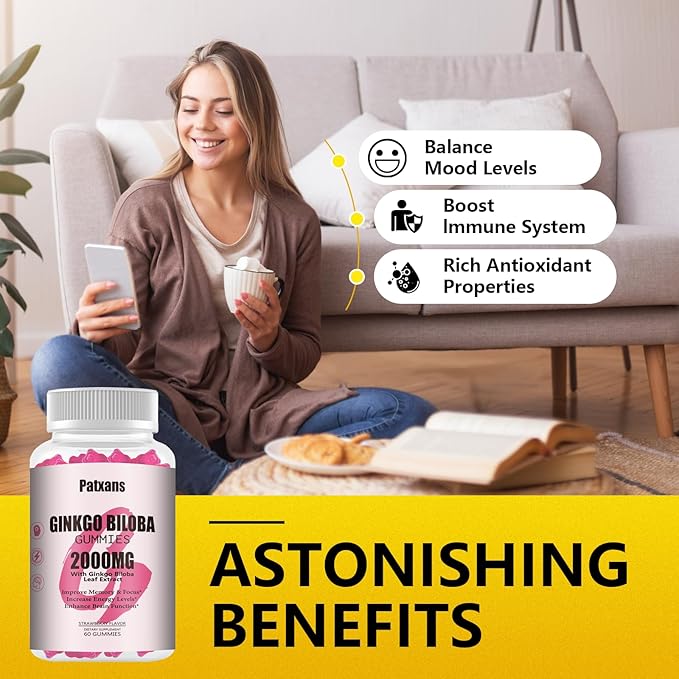 2 Packs 2000mg Ginkgo Biloba Gummies - Ginkgo Biloba Supplements for Brain Health Support, Improve Mood and Focus, Energy, Adult, Vegen, Non-GMO, Strawberry Flavor, 120 Count