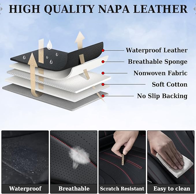 Coverado Front Seat Covers, Luxury Nappa Leather Seat Cover, 2 Pack Waterproof Seat Cover for Cars, Universal Front Car Seat Protector, Breathable Car Seat Cushion Fit for Most Cars(Black &Red Line)