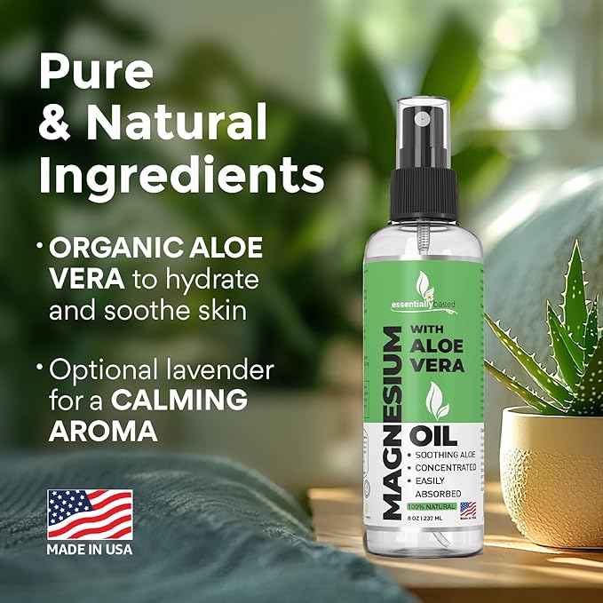 Pure Magnesium Oil Spray with Aloe Vera 8oz - Topical Magnesium Spray - Less Itchy - 100% Organic Oil - Made in USA