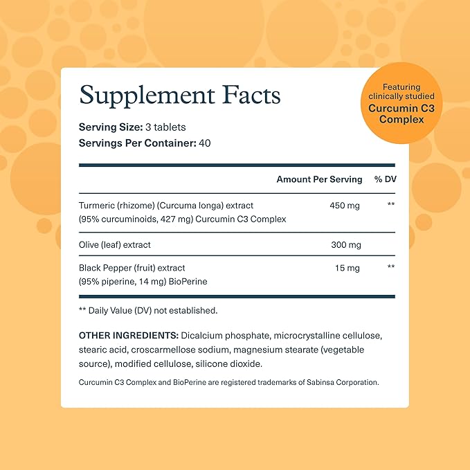Youtheory Turmeric Advanced - 450 mg Turmeric Supplement - with 15 mg Black Pepper & 300 mg Olive Leaf Extract - Curcumin Joint Support* - Soy, Dairy & Gluten Free - 120 Vegetarian Tablets