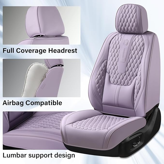 Coverado Seat Covers Full Set, Purple Car Seat Covers, Waterproof Car Seat Cover with Lumbar Support, Leather Car Seat Cushion Protector, Car Seat Covers Universal Fit Most Cars