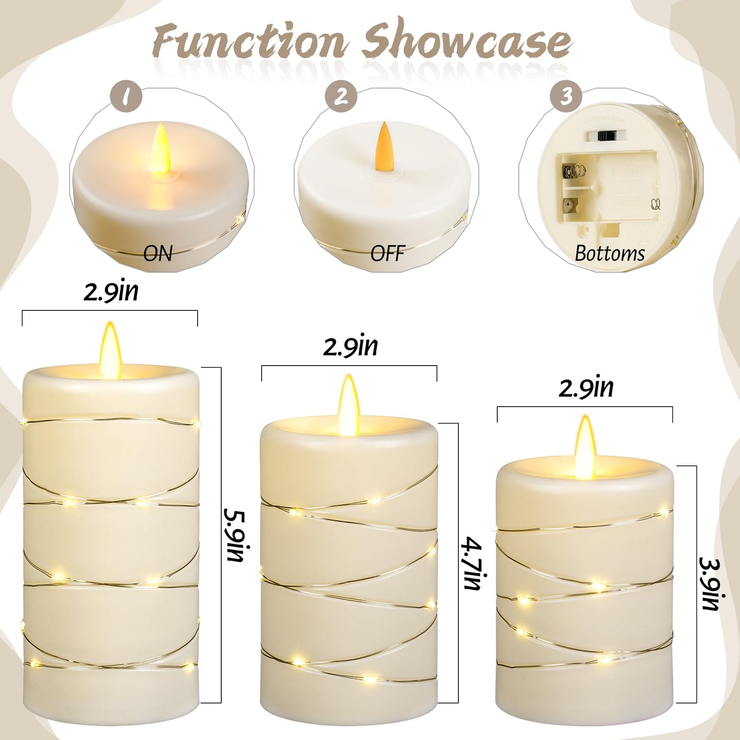 Flameless LED Candles with Timer 3 pc Flickering Flameless Candles for Romantic Ambiance and Home Decoration,with Embedded Star String，Battery Operated Candles