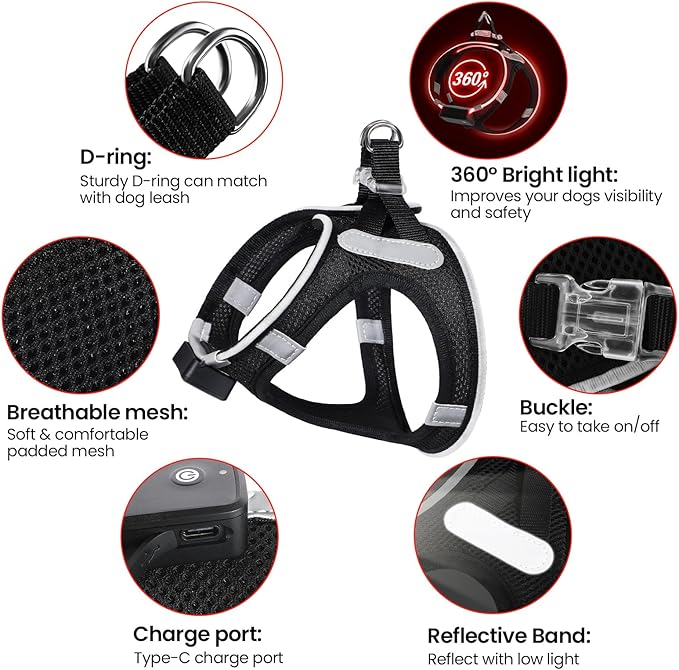 PceoTllar Light Up Dog Harness, LED No Pull Reflective Dog Harness, Flashing Lighted for Night Walking - Small/Medium, (Black Red,xs)