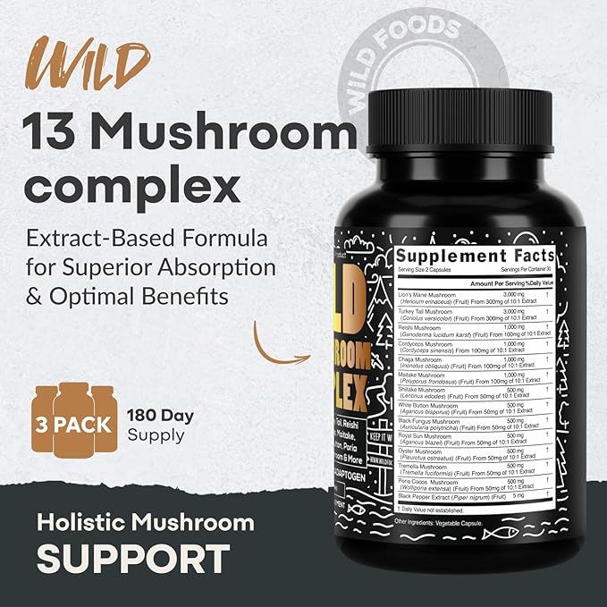 Wild Foods Premium Mushroom Supplement Complex | Mushroom Extract 13 Organic Mushrooms: Lions Mane, Turkey Tail, Reishi & More Adaptogenic Mushrooms for Energy, Brain & Immune Health (Pack of 2)