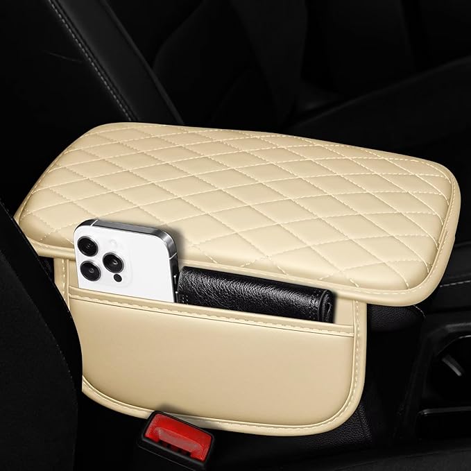 Upgraded Car Center Console Cover Fit for Land Cruiser Faux Leather Car Armrest Cover Cushion with 2 Storage Bags,Car Armrest Storage Box Interior Accessories(Beige&Whiteline)