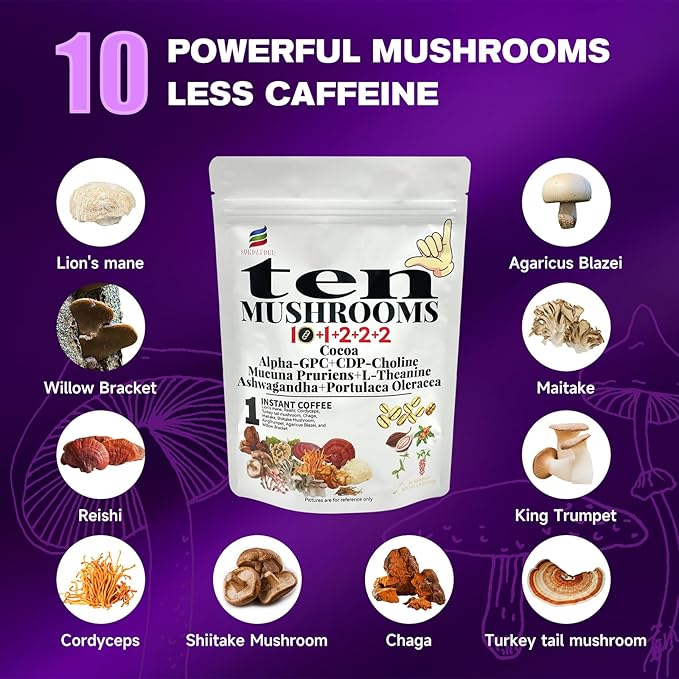 SUNDAFONE 17-in-1 Mushroom Coffee Powder with L-Theanine，Alpha-GPC，Ashwagandha for Boost Brainpower,Sharpen Focus,Lift Mood,Ease Stress,Support Heart & Immunity, 60 Servings Instant 10 Mushroom Coffee