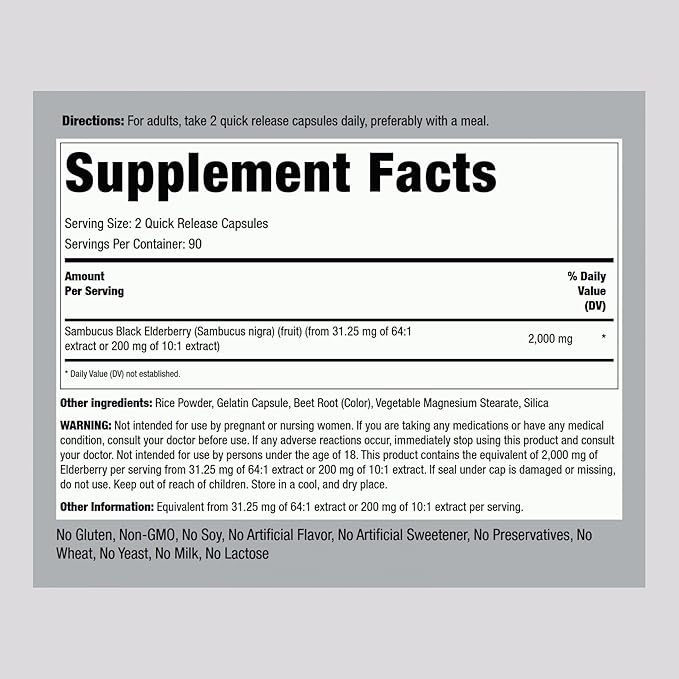 Piping Rock Elderberry Capsules | 2000 mg | 180 Pills | Sambucus Herbal Extract Supplement | Concentrated Extract | Non-GMO, Gluten Free