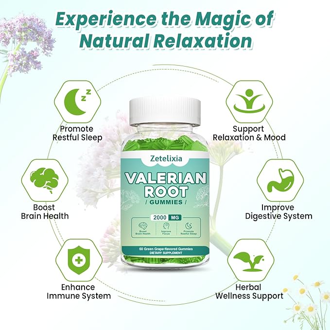 Organic Valerian Root Gummies, Natural Calm to Help Relaxation, Herbal Supplement for Mood Support, Melatonin Free, Non-GMO, Gluten Free, Vegan, Green Grape Flavor, 60 Count