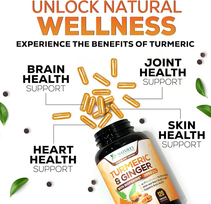Turmeric Curcumin Supplement 1950mg with Organic Turmeric & Ginger, 95% Curcuminoids, BioPerine Black Pepper for Best Absorption, Nature's Vegan Joint Support, Non-GMO, Bottled in USA - 120 Capsules