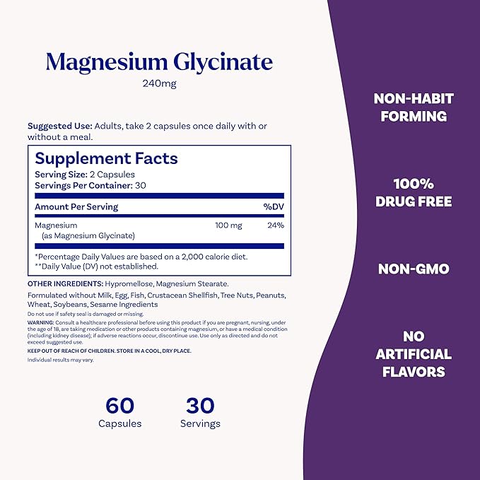 Natrol Magnesium Glycinate Supplements 240 mg - High Absorption - Calm Magnesium Glycinate for Sleep - 60 Capsules, 30 Day Supply