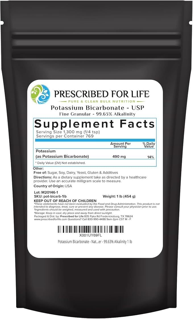 Prescribed for Life Potassium Bicarbonate Powder, Pure USP & Food Grade Potassium Bicarbonate for Plants, Winemaking, & Baking, Crystalline Powder, 39% K (1lb)