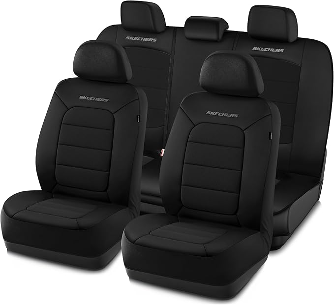 Skechers Memory Foam Seat Covers,Thick Cool Touch Fabric Car Seat Covers,Seat Cover Full Set Airbag Compatible,Automotive Comfort Protection for Most Cars,Vans,Trucks,SUV,Black