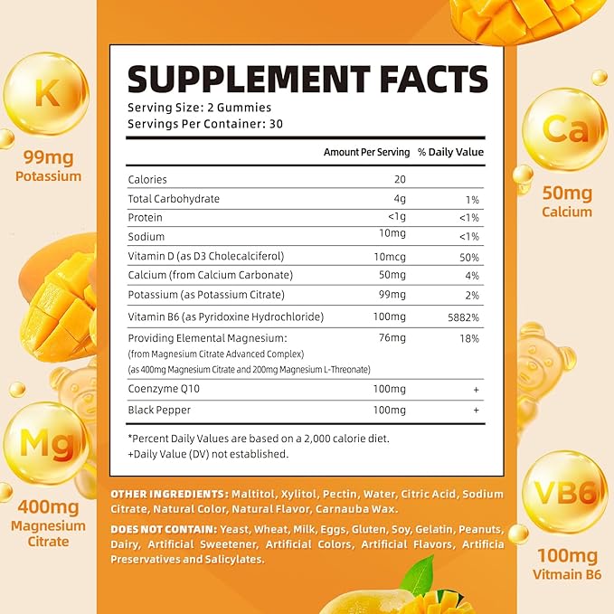 softbear Potassium Magnesium Gummies for Women, Calcium Magnesium Potassium Supplements with Vitamins Sugar-Free Potassium Citrate Gummies Support Muscle Health, Mango Flavor 60 Count