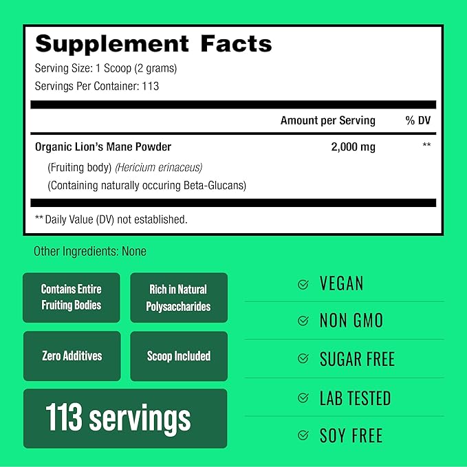 NutraChamps Organic Mushroom Powder - 10-in-1 Complex - Mushroom Supplement Powder Blend for Memory, Focus & Immune Support - 8oz (8.0 OZ, Lion's Mane)