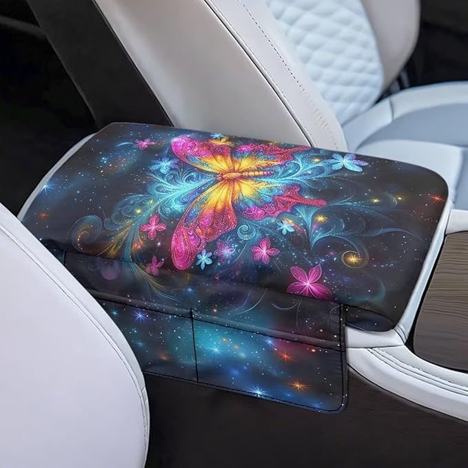 Dreaweet Car Center Console Cover with Pockets Galaxy Butterfly Car Accessories Thick Arm Rest Cover for SUV Truck Sedan Non Slip Comfortable Armrest Cushion Cover Pad
