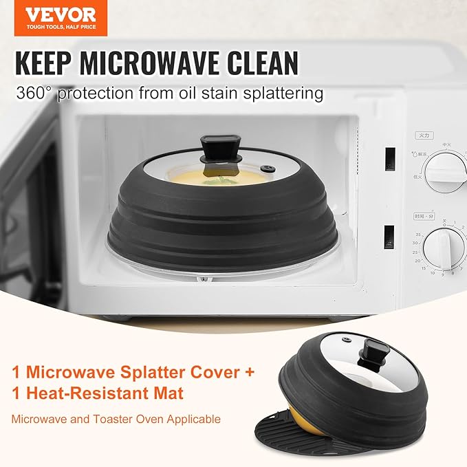 VEVOR Microwave Splatter Cover & Mat, 10.8" Collapsible Microwave Lid for Food, 500°F Heat-Resistant Silicone & Tempered Glass Splatter Guard for Plate Dish, Multi-Purpose Kitchen Gadget with Handle