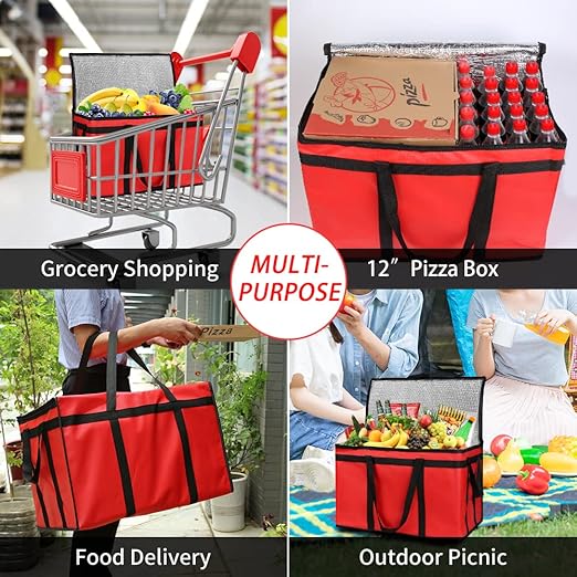 CIVJET Insulated Food Delivery Bag with Hard Bottom, XXX-Large Insulated Reusable Grocery Cooler/Hot Bags, Tote Bag for Shopping/Travel, Red, 1-Pack