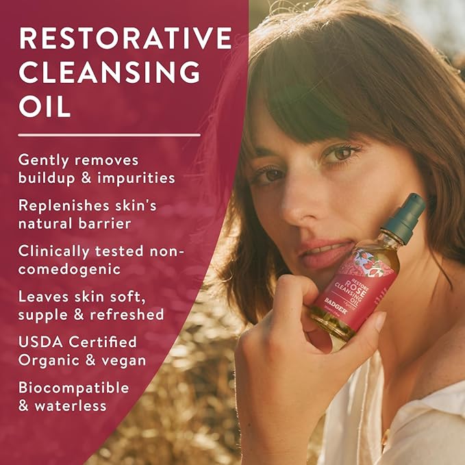 Badger Rose Face Cleansing Oil, Organic Facial Cleanser & Makeup Remover, Non-Greasy Moisturizing Skin Balancing Gentle Face Cleanser w/Pure Rose Oil, 2 fl oz Glass Bottle