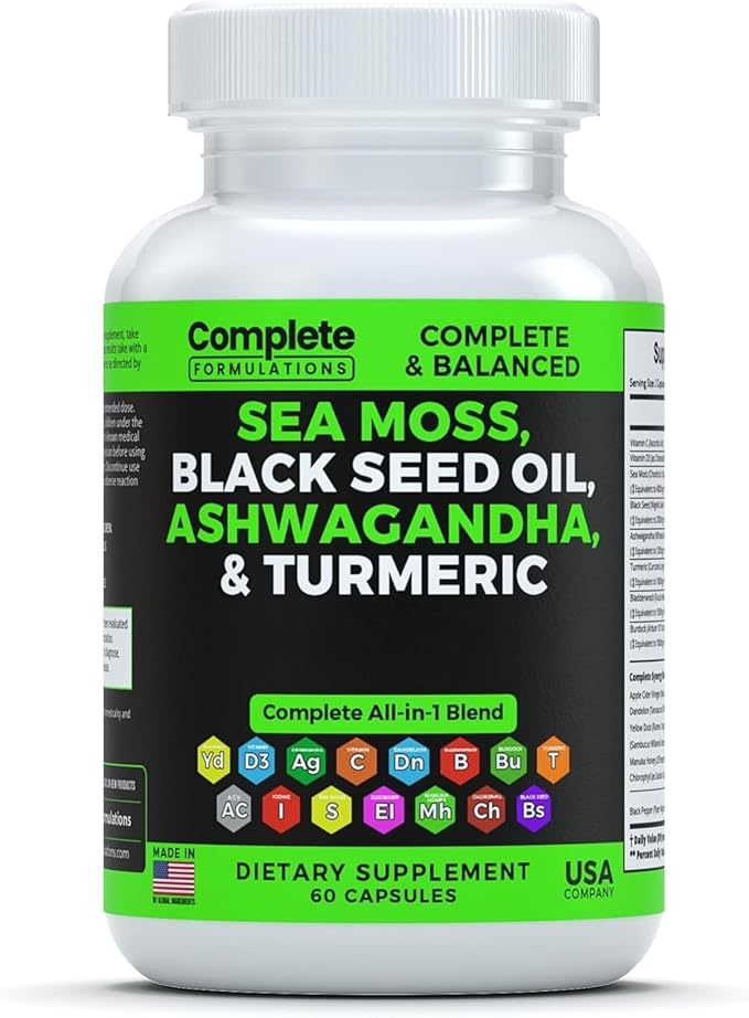 Sea Moss Supplement Blend with Black Seed Oil Ashwagandha Turmeric Bladderwrack, Burdock & Vitamin C & D3 with Elderberry Manuka Dandelion Yellow Dock Iodine