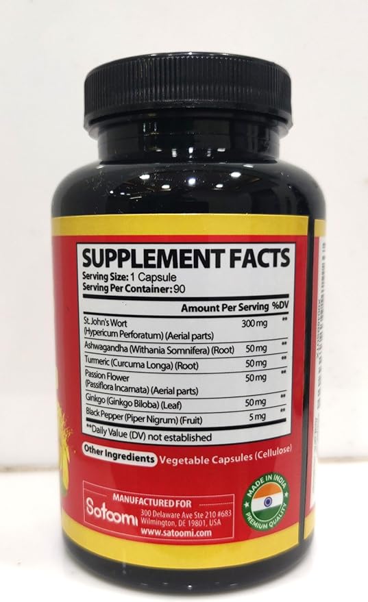 Satoomi St. John's Wort Capsules Extract Supplement - 6 Herbs Equivalent 5050 mg - Emotional Balance, Joyful Mood & Mood Support - 1 Pack 90 Veggie Caps 3-Month Supply