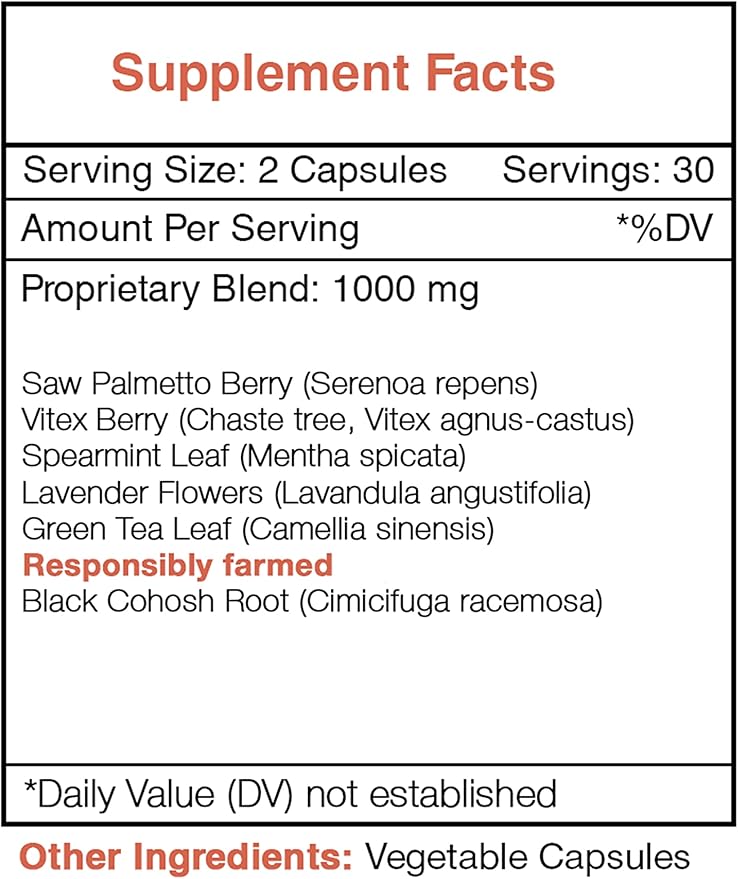 Hirsu Secret 60 Capsules, 1000 mg, Saw Palmetto, Black Cohosh, Vitex, Spearmint, Lavender, Green Tea. Unwanted Face & Body Hair (60 Capsules)