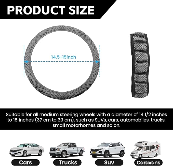 Elastic Stretch Car Steering Wheel Cover, Comfortable Steering Wheel Cover Universal for 14.5-15 Inch, Warm in Winter & Cool in Summer, Anti-Slip Breathable Ice Silk (Gray)