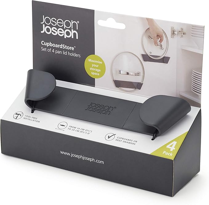Joseph Joseph Cupboard Store - Set of 4 Pot and Pan Lid Holders Self Adhesive Wall Mount Storage Organizer, Suitable for Lids Up to 9 in , 3M VHB Tape Included, Gray