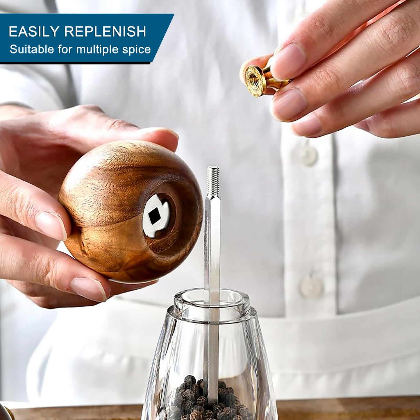 Premium Acrylic Salt and Pepper Mill Set, 6.7 Inches Acacia Wood Grinder with Adjustable Coarseness Mill, Refillable Manual Salt Grinder, Enjoy Fresh Ground Pepper Sea Salts & Various spices
