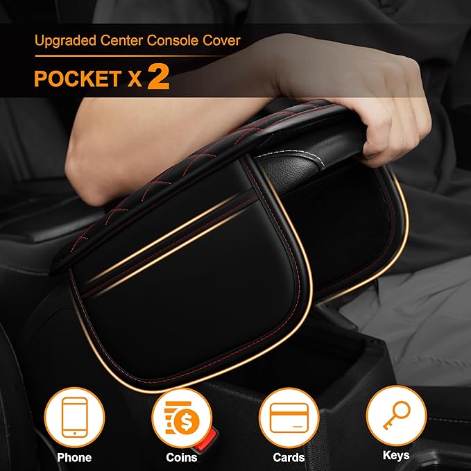 Center Console Cover for Cars Fit for Jeep Compass Leather Armrest Covers with 2 Storage Bags(Black&Red)