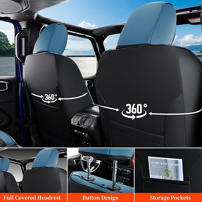 Coverado Seat Covers for Jeep Wrangler, Waterproof Leather Car Seat Covers for Truck Automotive Seat Covers Custom Fit for 2018-2024 Jeep Wrangler JL Seat Covers 2-Door/4-Door Full Coverage (Blue)