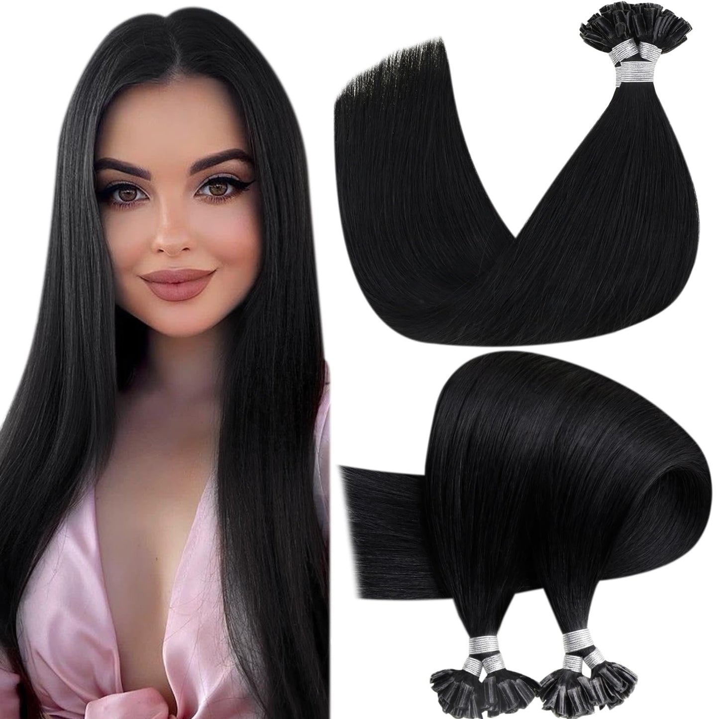 Hetto K Tip Hair Extensions Real Human Hair Invisible Utip Hair Extensions Human Hair Pre Bonded Keratin Hair Extensions #1 Jet