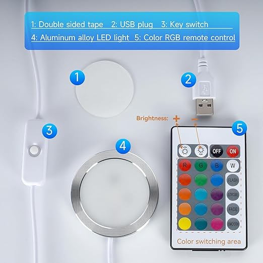 6PCS Remote Control RGB LED Lamp Kit 001 with Power Off Color Storage for Bambu Lab H2D/X1/P1P/A1 Includes Button Battery Makerworld 3D Printed DIY Hardware Model Spare Parts 5V USB Powered