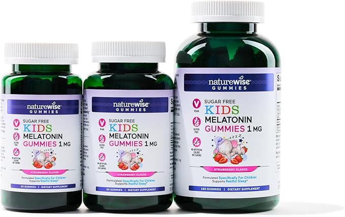 NatureWise Kids Melatonin 1 mg Sugar-Free Gummies for Children Ages 4 & Up - Non-Habit Forming Sleep Aid - Strawberry Flavored - Vegan, No Gluten, Non-GMO - 60 Count[2-Month Supply]