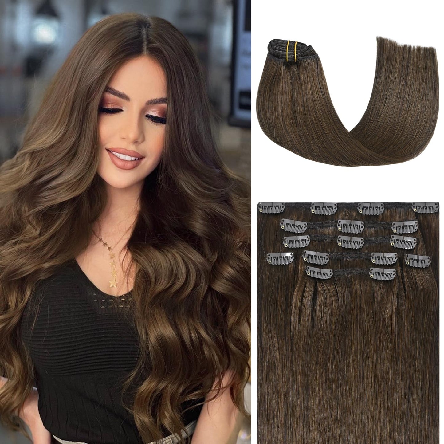 Honsoo Brown Hair Extensions Clip In Human Hair Extensions Medium Brown 100G 20In 7Pcs Natural Soft Hair, Can Be Styled Long Str