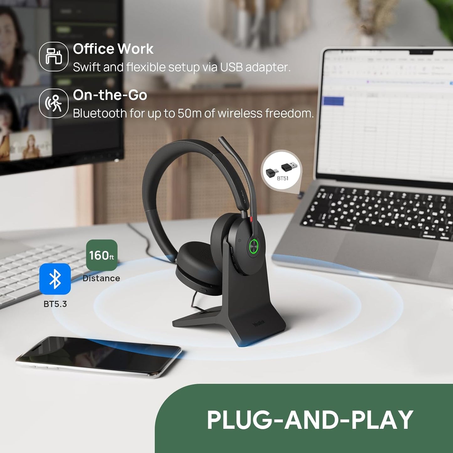 Yealink BH74 Active Noise Canceling Wireless Headset with Mic for Work, 6-mics Hybrid ANC Tech, Microsoft Teams Premium Open Ofﬁce Certified Headsets Bluetooth 5.3, up to 32h Talking, UC Compatible