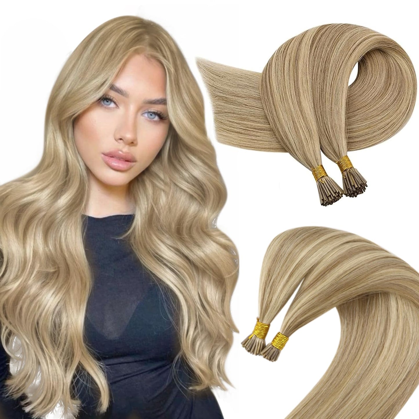 Sunny Hair Blonde Highlight Itip Hair Extensions 20Inch I Tip Extensions Human Hair Golden Blonde Highlight Medium Blonde Pre Bo