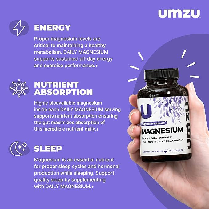 UMZU Daily Magnesium | Potent Bioavailable Magnesium Complex for Healthy Metabolism, Sustained Energy, Exercise Performance & Sleep Support (30 Day Supply | 120 Capsules)