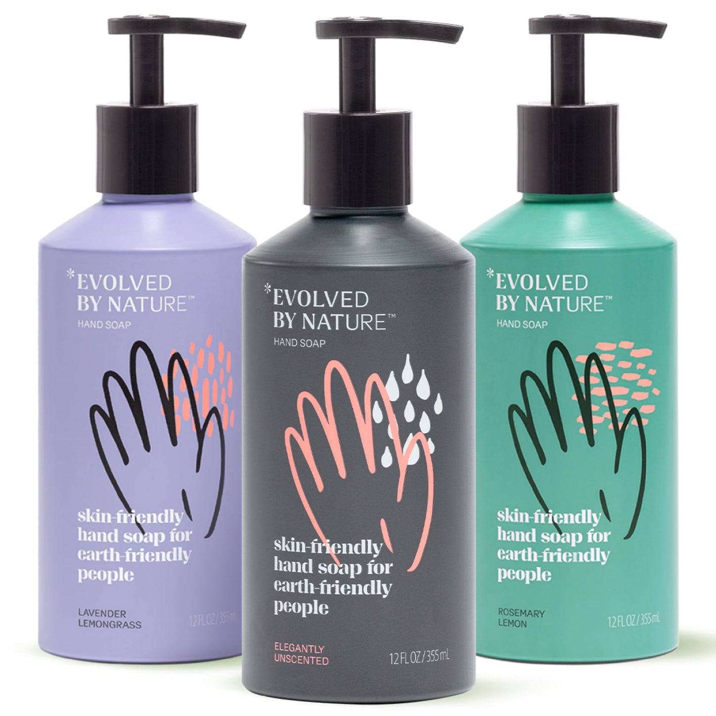 Evolved By Nature Liquid Hand Soap, 12 Oz (Charcoal, Variety Pack Of 3) - Unscented, Rosemary Lemon, And Lavender Lemongrass - B